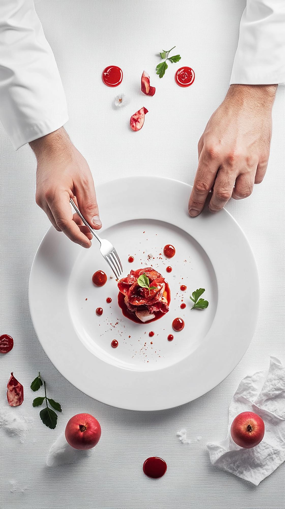 Instructor arranging plated dish in warm kitchen